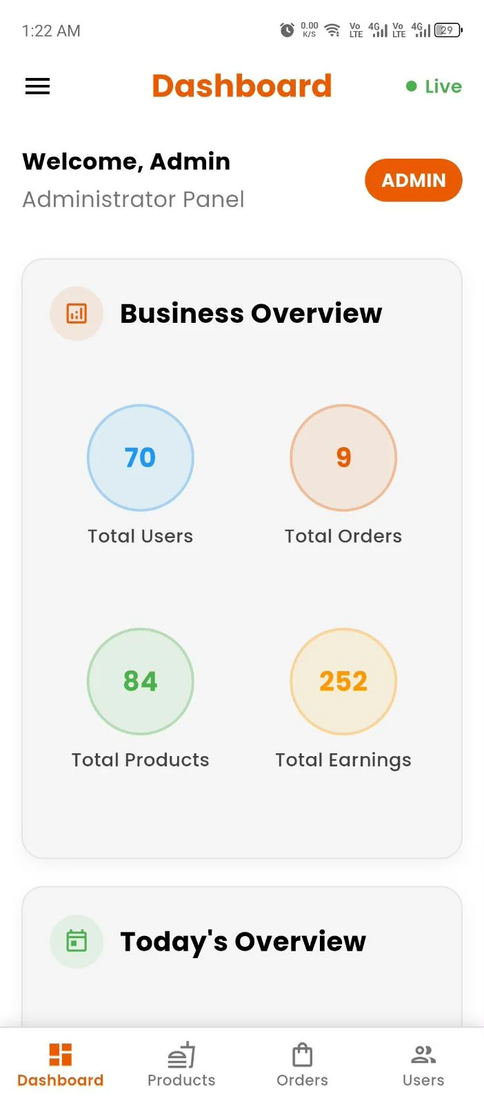 Admin app screens — Dashboard