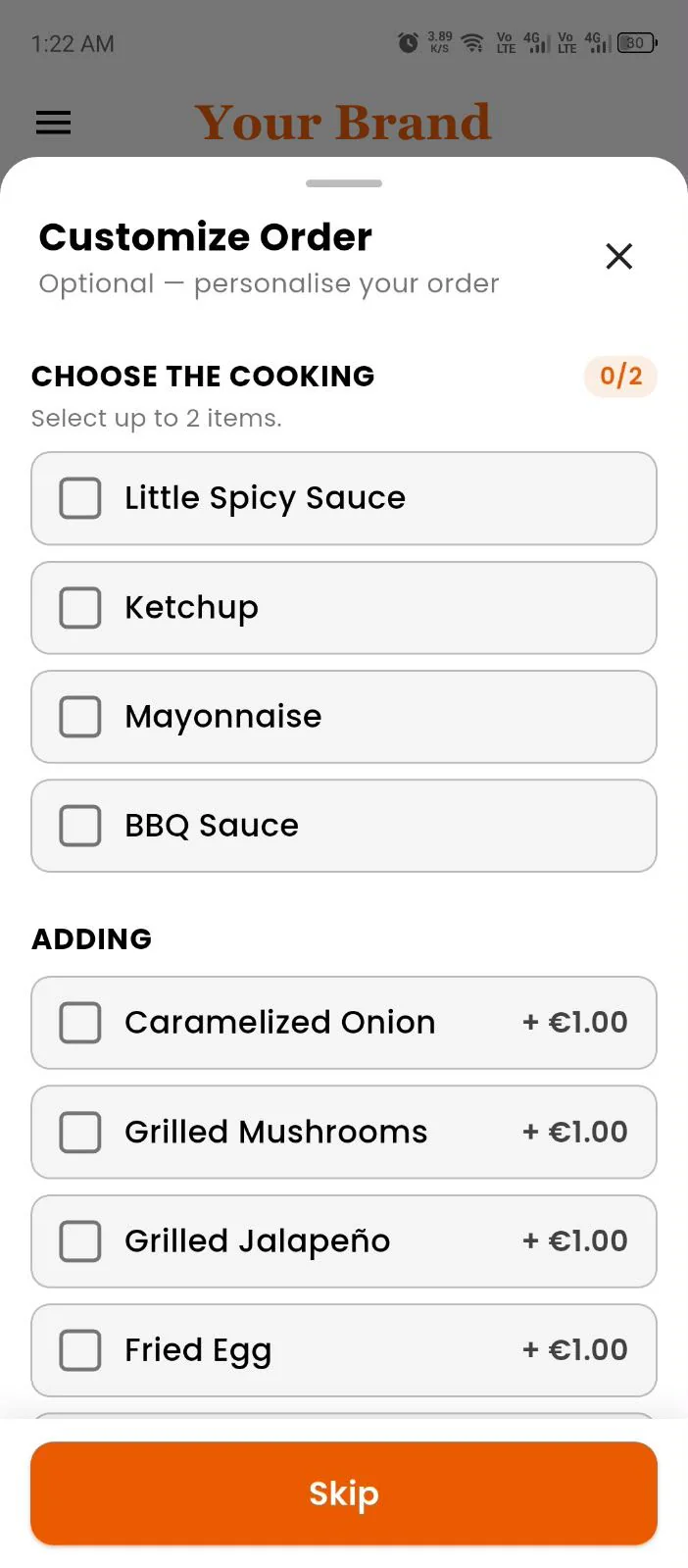 Customer app screens — Customize