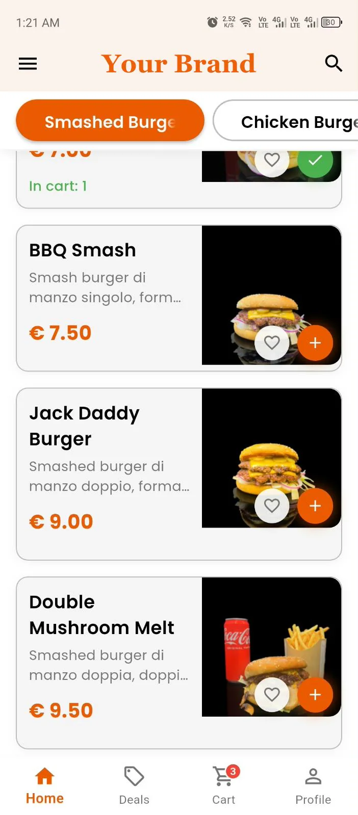 Customer app screens — Menu